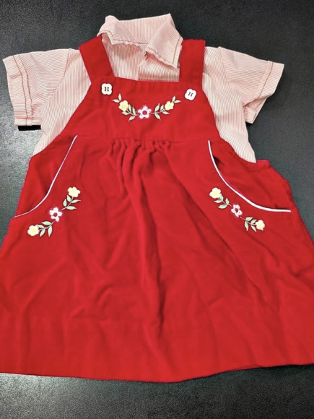 Vintage Girls Red Floral Embroidered Dress Handmade 9-12 Months Velour